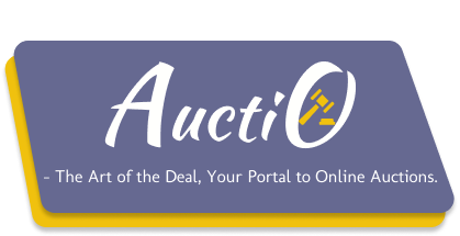 The company Auctio name is written in white letters, with an auction hammer inside the o